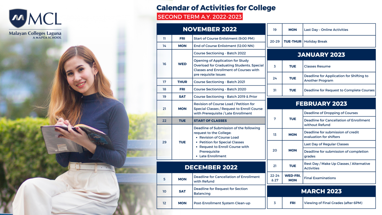 Calendar of Activities for College Students for the Second Term of A.Y