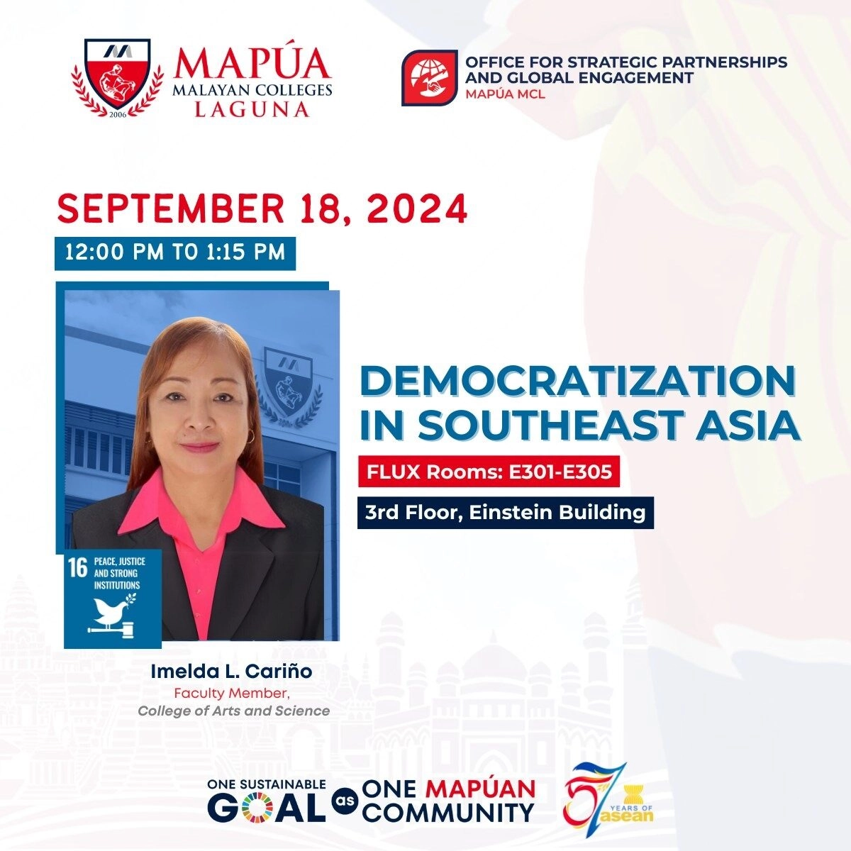 The Path to Democracy: Ma'am Imelda Cariño Explores Democratization in Southeast Asia in ASEAN Lecture on SDG 16.