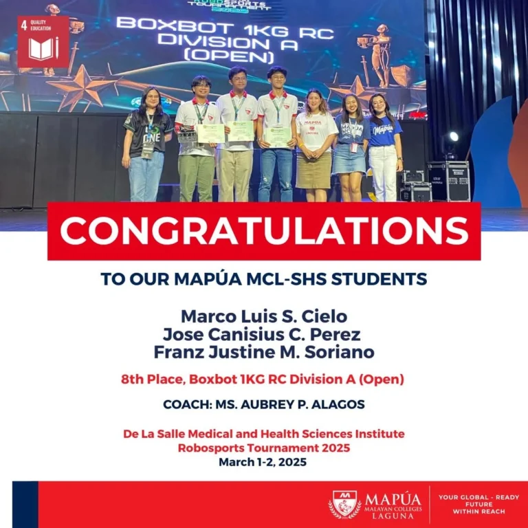 Mapúa MCL-SHS students places 8th in Robosports Tournament 2025.