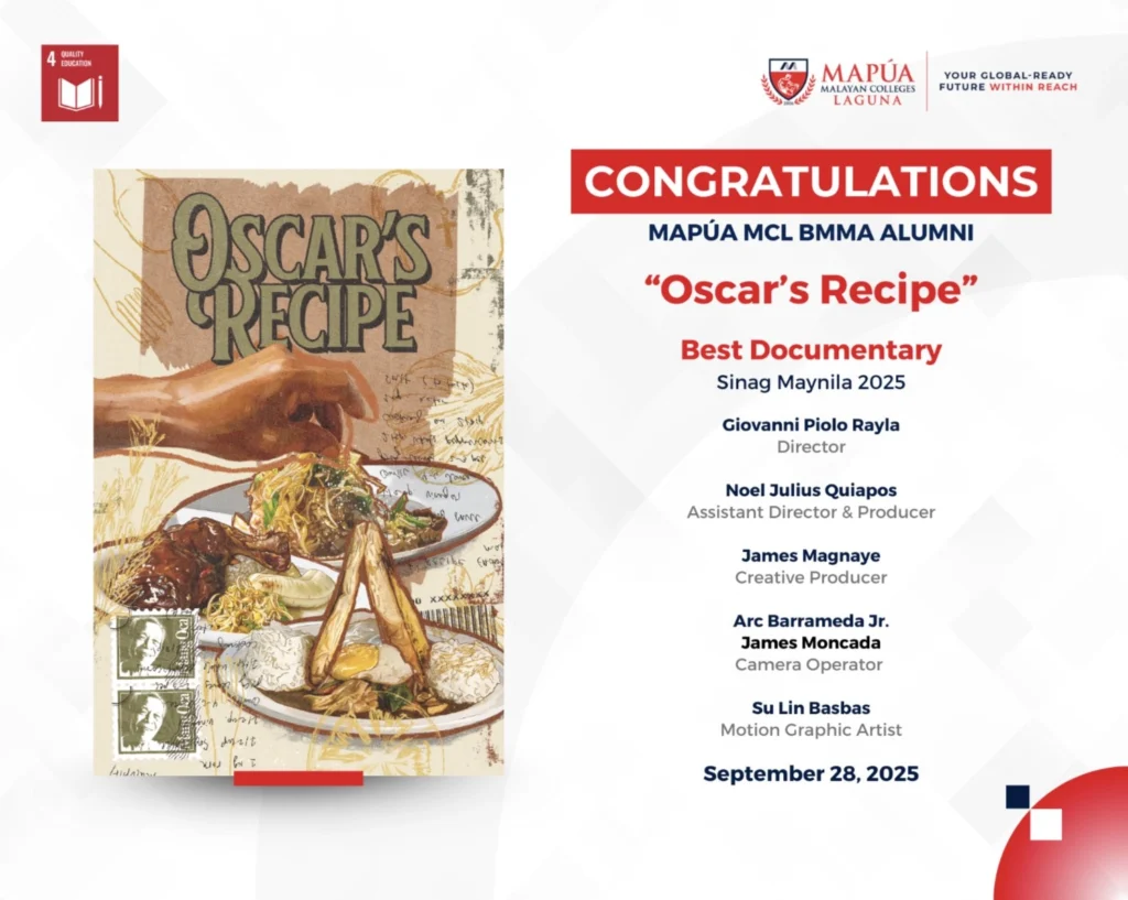 Mapúa MCL B. Multimedia Arts alumni win Best Documentary in the Open Category at Sinag Maynila 2025.