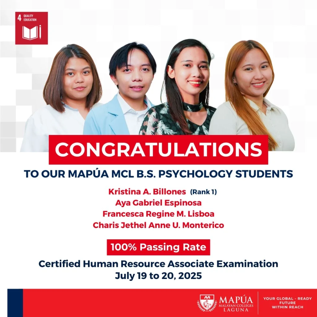 Mapúa MCL obtains 100% passing rate on July 2025 Certified Human Resource Associate (CHRA) Assessment Exam.