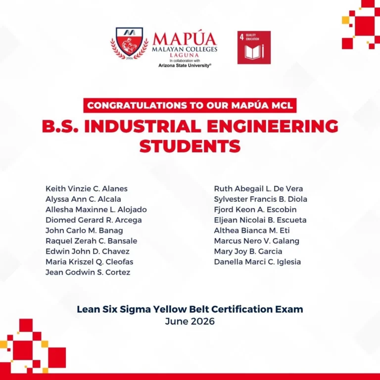 Mapúa MCL Industrial Engineering students pass the June 2026 Lean Six Sigma Yellow Belt Certification.