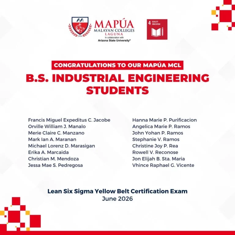 Mapúa MCL Industrial Engineering students pass the June 2026 Lean Six Sigma Yellow Belt Certification.