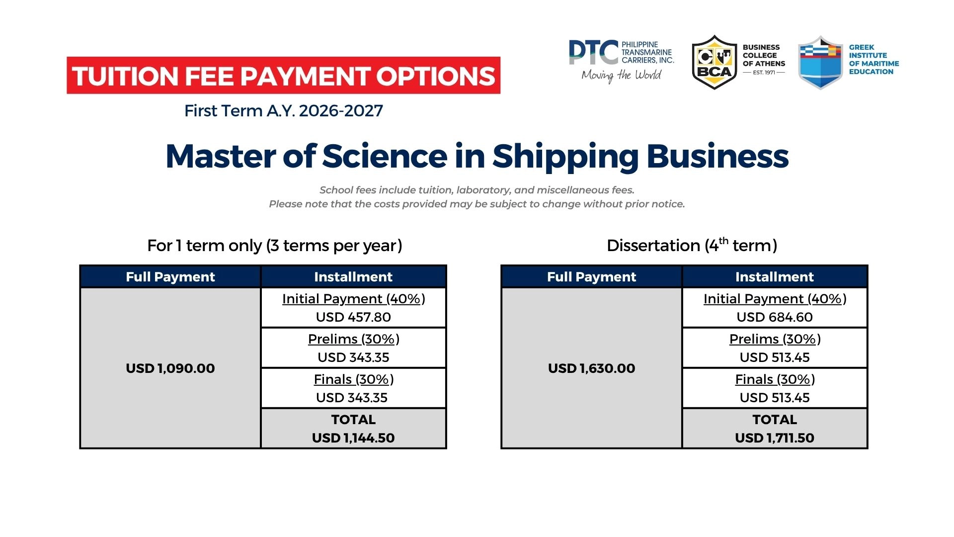 USD MSc in Shipping Business (Year 3) - September 2 2026.